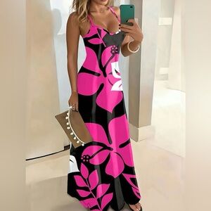 Vibrant Pink and Black Floral Maxi Dress